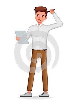 Businessman thinking and working character design. 3d vector illustration