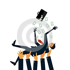 Businessman throwing the leader of business team up in the air and congratulating him with victory and success.