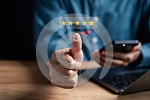 Businessman with thumb up Positive emotion happy five star and like, love icon, Customer satisfaction feedback review concept.