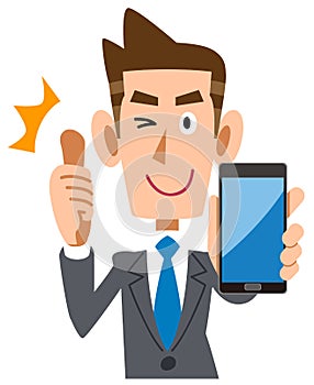 Businessman thumbing up with a smartphone