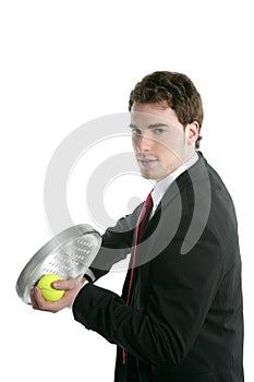 Businessman tie suit holding paddle tennis racket