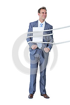 A businessman tie up by rope