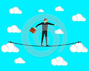 Businessman tightrope walker walking on a tightrope between the clouds. Vector illustration.