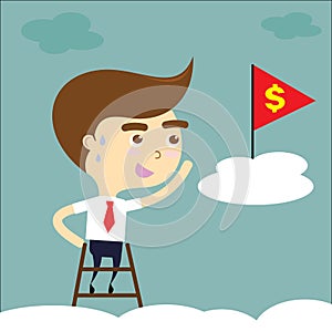 Businessman tired to reach target with red flag and yellow dolla