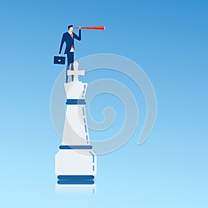 Businessman on top of king chess piece using telescope looking for success, opportunities, future business trends.