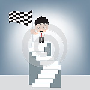 Businessman on top stair and winner finish flag in hand, illustration vector in flat design