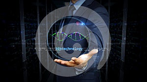 Businessman touch screen with biotechnology and DNA helix hologram