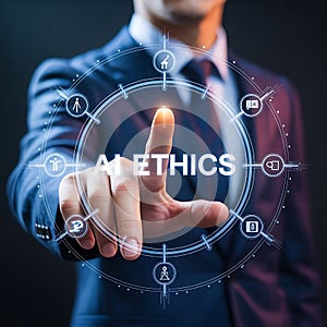 Businessman touching ai ethics concept highlighting future technology and artificial intelligence