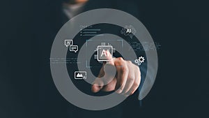 Businessman touching AI icon on virtual screen, symbolizing artificial intelligence, machine learning, digital technology,