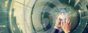 Businessman touching of circuit data and Algorithm of Artificial Intelligence (AI) in the futuristic business and coding