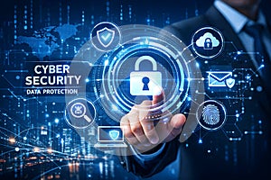 Businessman Touching Cyber Security Interface Highlighting Data Protection And Digital Privacy