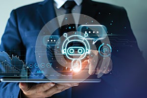 Businessman touching digital chat bot on tablet for provide access to information and data in online network, robot application photo