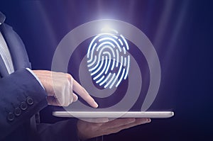 Businessman Touching Digital Tablet Scanning Fingermark Over Blue Background, Cropped