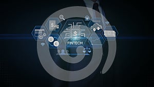 Businessman touching Financial technology illustration icon and various graph.