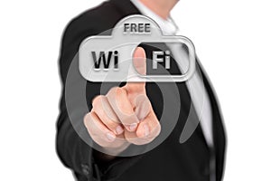 Businessman touching on free Wi Fi icon. Wi fi, mobile communication, internet access, free hot spot