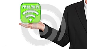 Businessman touching on free Wi Fi icon. Wi fi, mobile communication, internet access, free hot spot