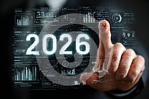 Businessman touching futuristic interface displaying year 2026 and various data analysis charts, symbolizing planning and strategy