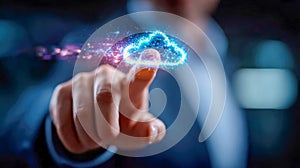 Businessman touching a glowing digital cloud icon symbolizing data storage and cloud computing