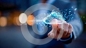 Businessman touching a glowing digital cloud icon symbolizing data storage and cloud computing
