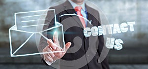 Businessman touching manuscript contact icon with his finger