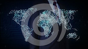 Businessman touching screen, Car internet of things technology icon connect global world map, dots makes world map. IoT. 2.