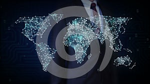 Businessman touching screen, Human icon IoT technology connect global world map. dots makes world map, internet of things.2.