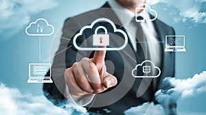 Businessman Touching Secure Cloud Computing Network