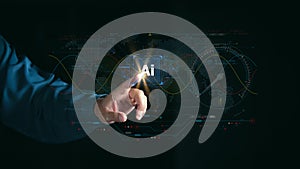Businessman touching virtual AI icon. Future artificial intelligence technology concept with digital data background, machine
