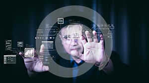 Businessman touching virtual AI screen interface. Future technology concept. Developer analyzing artificial intelligence data