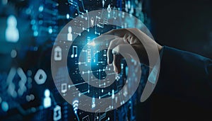 Businessman Touching Virtual Button with Digital Network Interface, Concept of Smart Technology by AI generated image