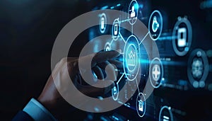 Businessman Touching Virtual Button with Digital Network Interface, Concept of Smart Technology by AI generated image