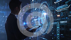 Businessman Touching Virtual Button with Digital Network Interface, Concept of Smart Technology by AI generated image