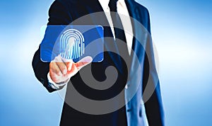 Businessman touching virtual buttons fingerprint