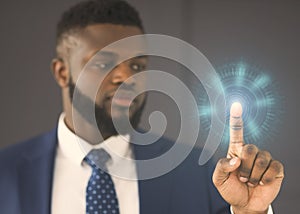 Businessman Touching Virtual Panel Scanning Fingerprint For Access In Office