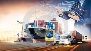 Businessman touching virtual screen world map of Global logistics network distribution, Container cargo freight ship