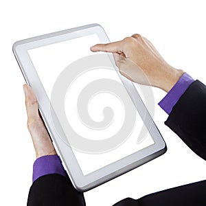 Businessman touching white screen digital tablet