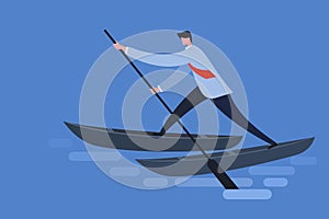 Illustration of a businessman standing in two boats and rowing. photo