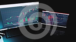 Businessman trading stocks online. Stock broker looking at graphs, indexes and numbers on multiple computer screens
