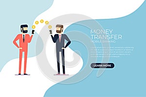 Businessman transfer money with mobile phone concept.Businessman transfer money with mobile phone concept banner.