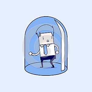 Businessman trapped in glass bulb. Cartoon character thin line style vector.