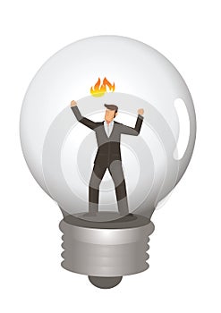 Businessman trapped inside of light bulb