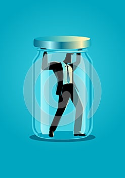 Businessman trapped in a jar