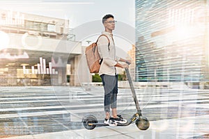 Businessman, travel on electric scooter or futuristic marketing data, 5g network or city networking grid in city or