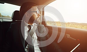 Businessman traveling on car backseat