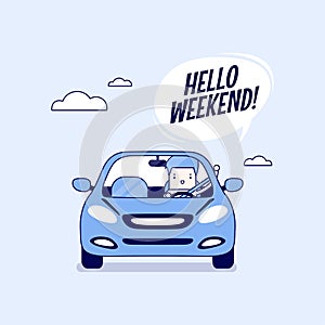 Businessman traveling by car and say Hello weekend. Cartoon character thin line style vector