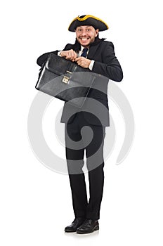 The businessman with tricorn and briefcase isolated on white