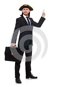 Businessman with tricorn and briefcase isolated on white