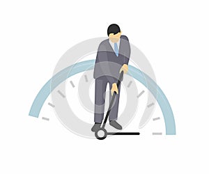 Businessman tries to stop time and pulls the clock hand back illustration. Business time startegy vector design