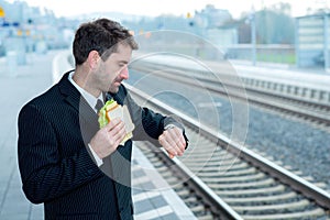 Businessman on trip has a break