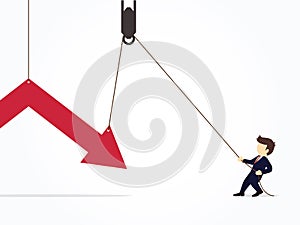 Businessman try hard to pull up the stock arrow prevent the loss. Vector illustration for business design and infographic